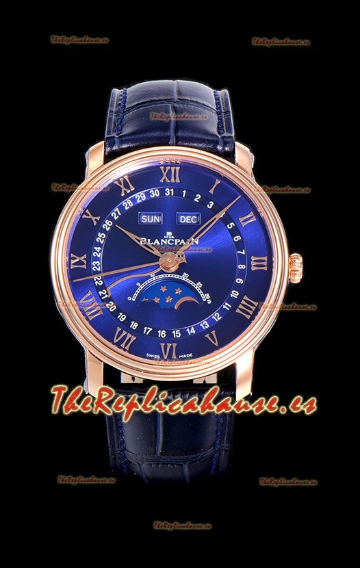 Blancpain "Villeret Quantième Complet" Reloj en Acero 904L Oro Rosado Dial Azul