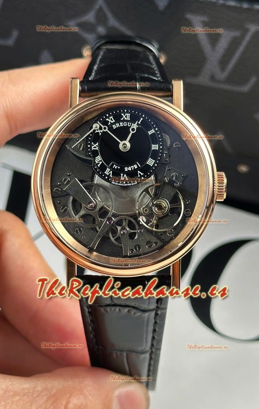 Breguet Tradition 7057BR/R9/9W6 Caja Oro Rosado Single Tourbillon Réplica Suiza Reloj Correa Negra