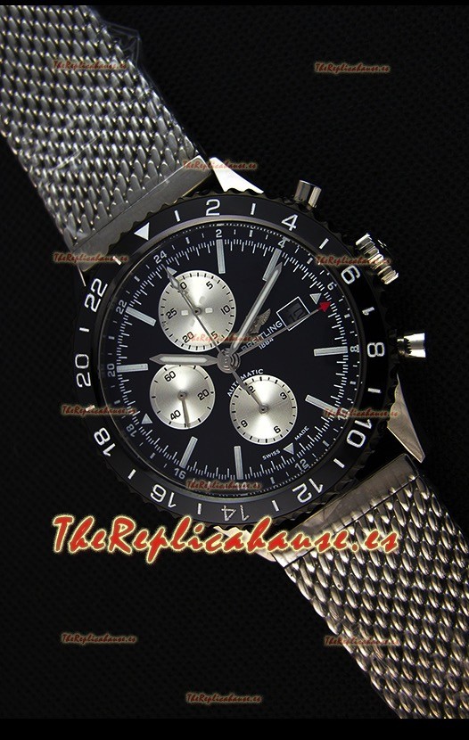 Breitling Chronoliner Reloj Réplica Suizo Correa de Malla de Acero con Dial Negro