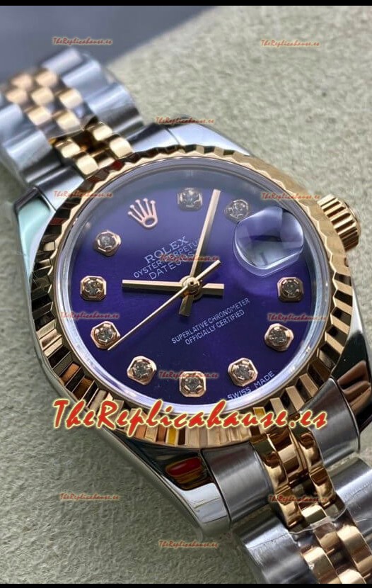 Rolex Datejust 28MM Réplica Suizo en Caja de Dos Tonos Oro Rosado 904L en Dial Morado- Réplica a Espejo 1:1