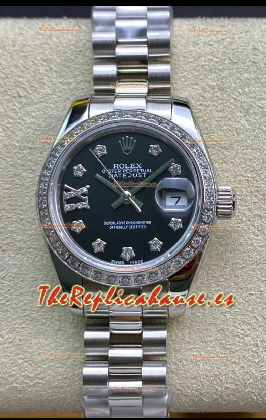 Rolex Datejust 28MM Réplica Suizo en Caja de Acero 904L en Dial Negro - Réplica a Espejo 1:1