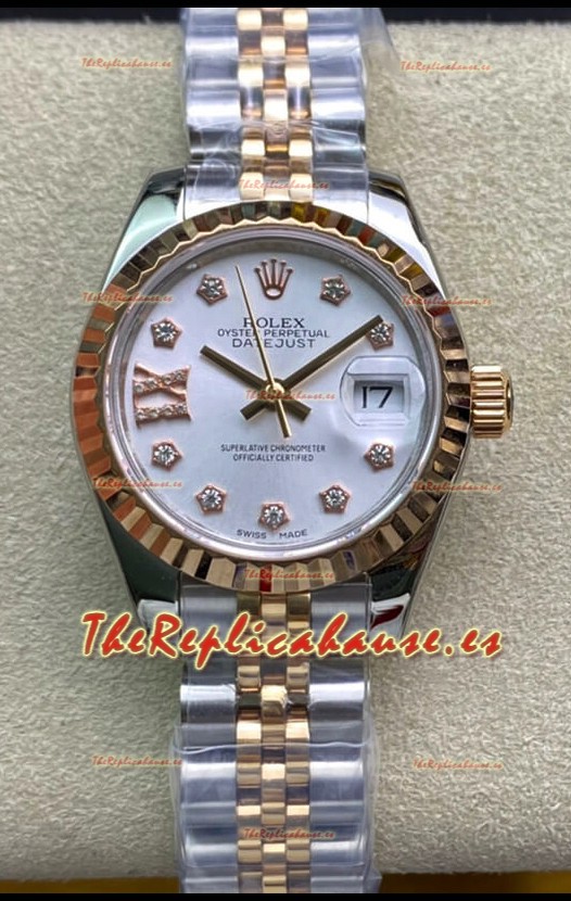 Rolex Datejust 28MM Réplica Suizo en Caja de Acero 904L Oro Rosado Dos Tonos Dial Blanco - Réplica a Espejo 1:1