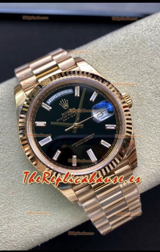 Rolex Day Date 40MM 228238a 1:1 Oro Rosado en Dial Negro Reloj Réplica a Espejo 1:1