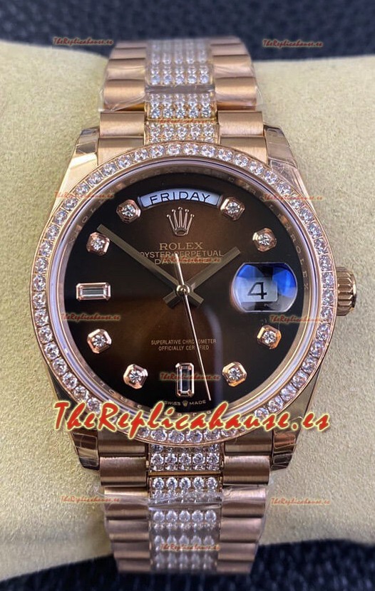 Rolex Day Date Presidential M128345rbr-0041 Reloj Oro Rosado 18K 36MM - Dial Marrón Calidad a Espejo 1:1