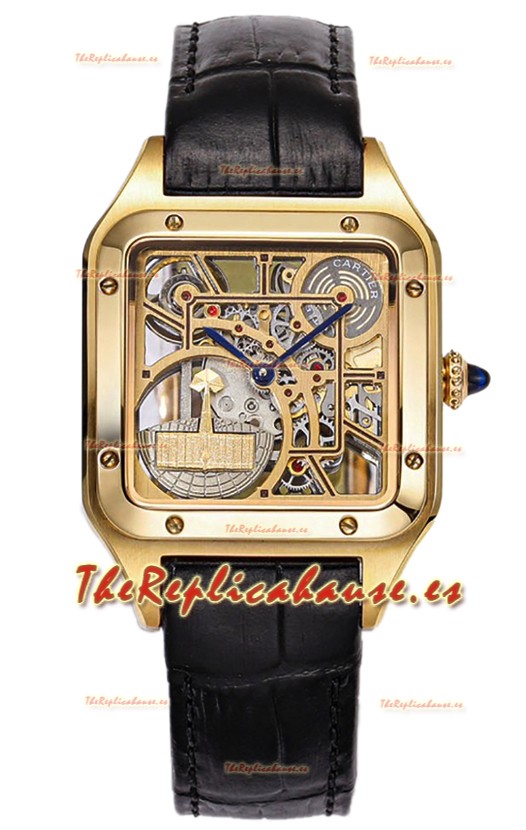 Cartier Santos Dumont Reloj Skeleton Oro Amarillo Correa en Piel Negra 43.5MM