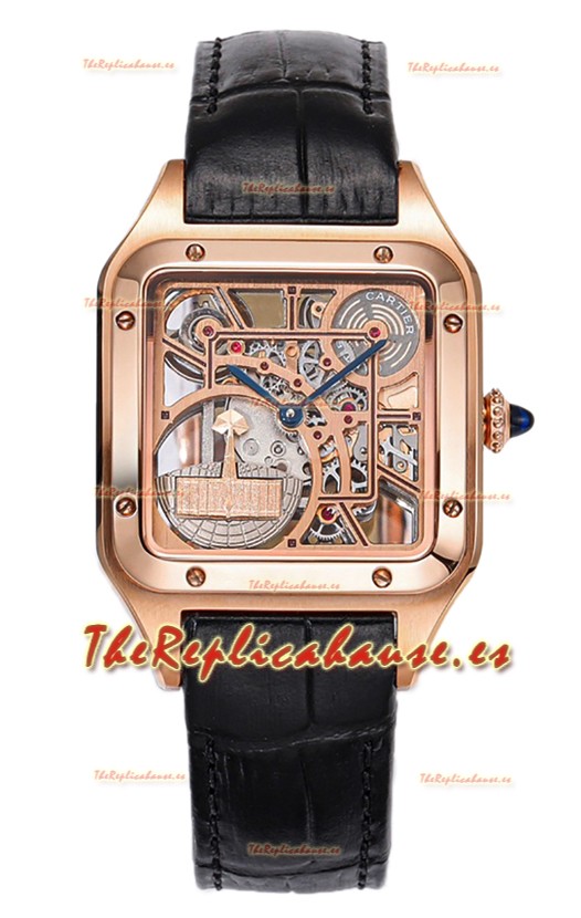 Cartier Santos Dumont Reloj Skeleton Oro Rosado Correa Piel Negra 43.5MM