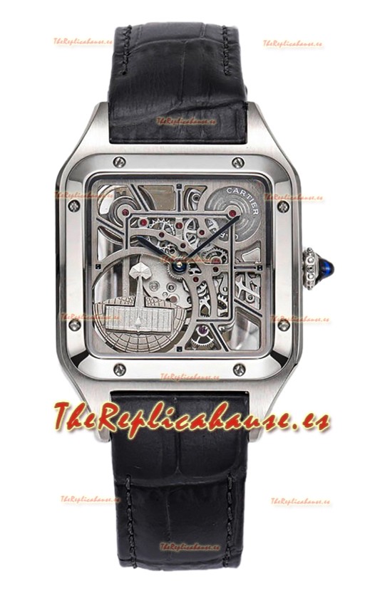 Cartier Santos Dumont Reloj Skeleton Acero Inoxidable Correa Piel Negra 43.5MM