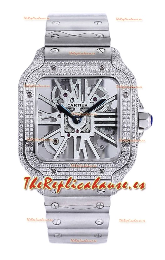 Santos De Cartier Reloj con Dial Skeleton - Bisel Diamante Caja y Correa en Acero Réplica Suiza