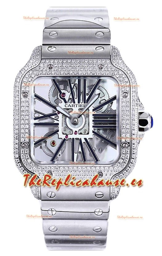 Santos De Cartier Reloj con Dial Skeleton - Bisel Diamante Caja y Correa en Acero Réplica Suiza