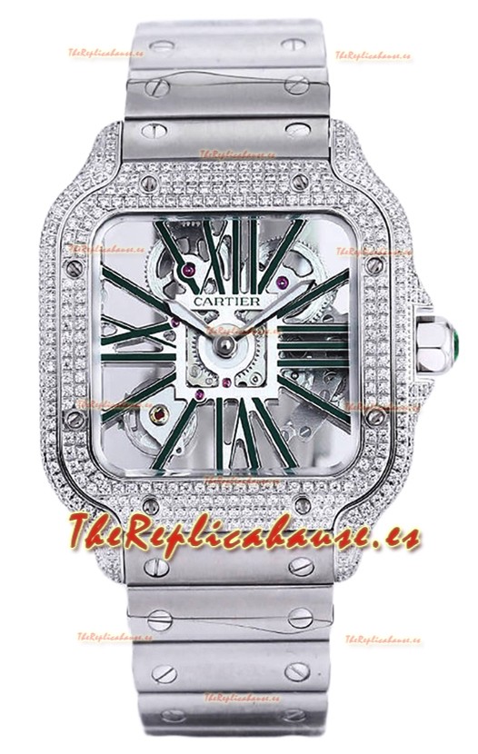Santos De Cartier Reloj con Dial Skeleton - Bisel Diamante Caja y Correa en Acero Réplica Suiza