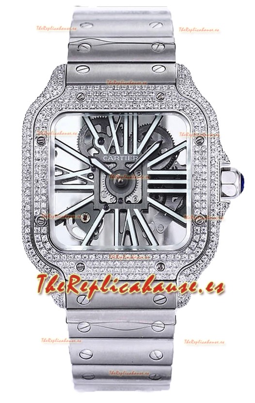 Santos De Cartier Reloj con Dial Skeleton - Bisel Diamante Caja y Correa en Acero Réplica Suiza