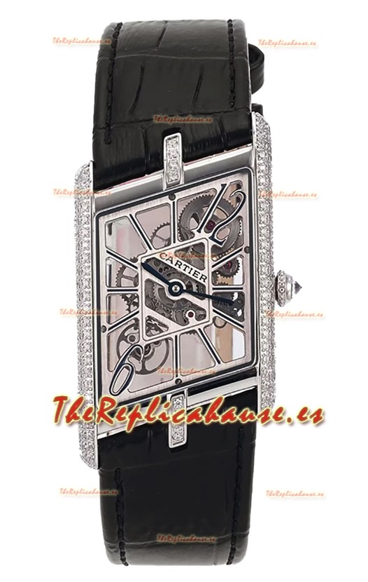 Cartier Tank Asymétrique Stainless Steel Casing Bisel DiamantesWatch in Leather Strap Réplica Suiza