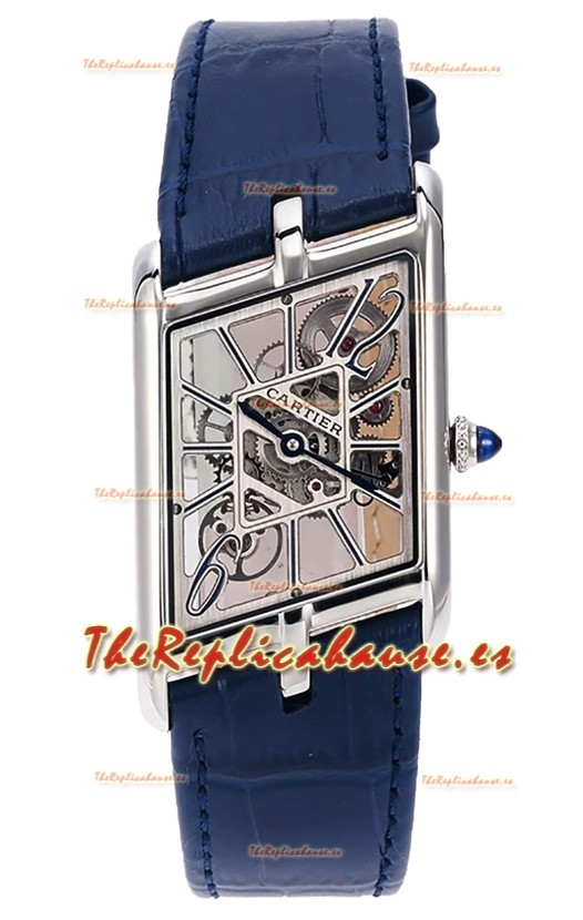 Cartier Tank Asymétrique Caja Acero Inoxidable Correa Azul Reloj en Correa de Piel Réplica Suiza