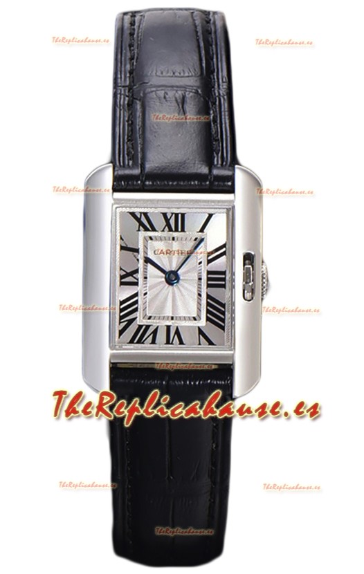 Cartier Tank Anglaise Stainless Steel Watch in Black Leather Strap Swiss Quartz Watch 30MM