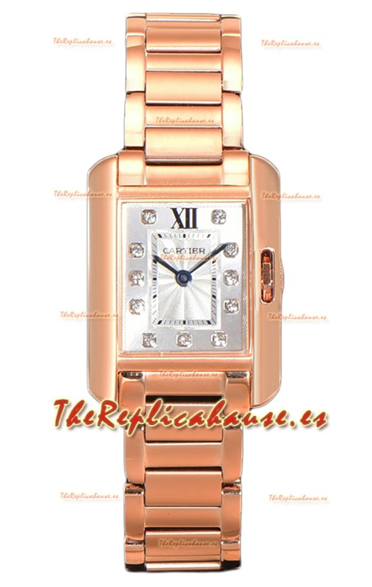 Cartier Tank Anglaise Rose Gold Watch in Steel Strap Diamonds Markers Swiss Quartz Watch 30MM