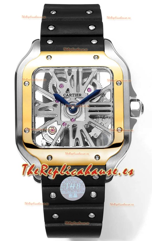 Santos De Cartier Reloj Dial Skeleton - Bisel Dos Tonos Correa Goma