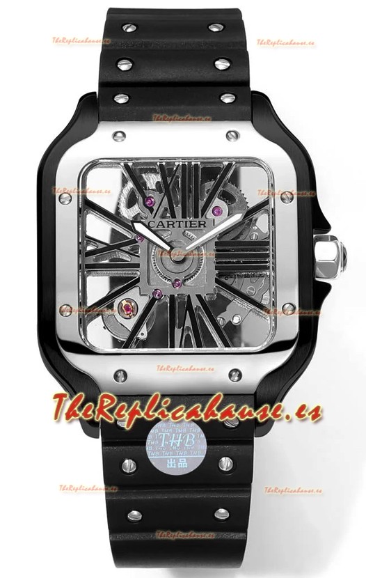 Santos De Cartier Reloj Dial Skeleton - Caja y Correa Acero revestida en DLC Correa de Goma