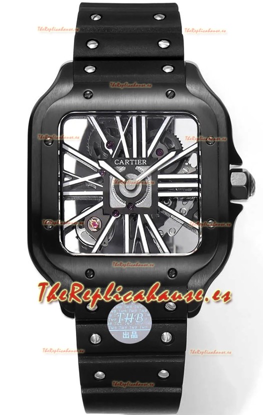 Santos De Cartier Reloj Dial Skeleton - Caja y Bisel Revestida en DLC Correa de Goma