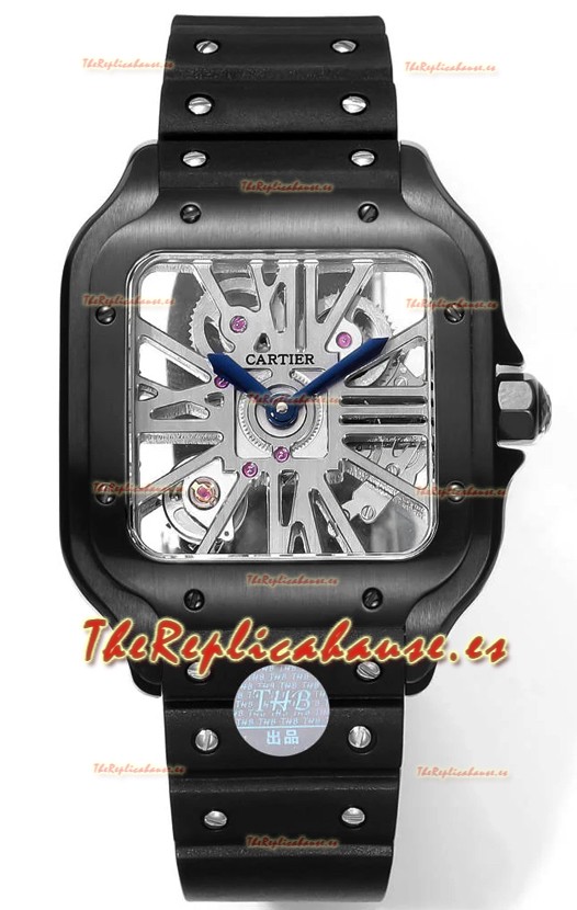Santos De Cartier Reloj Dial Skeleton - Caja revestida en DLC Correa de Goma