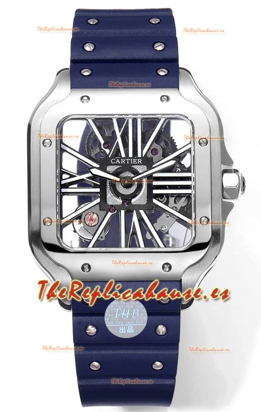 Santos De Cartier Reloj Dial Skeleton - Caja Acero Inoxidable Correa de Goma Azul
