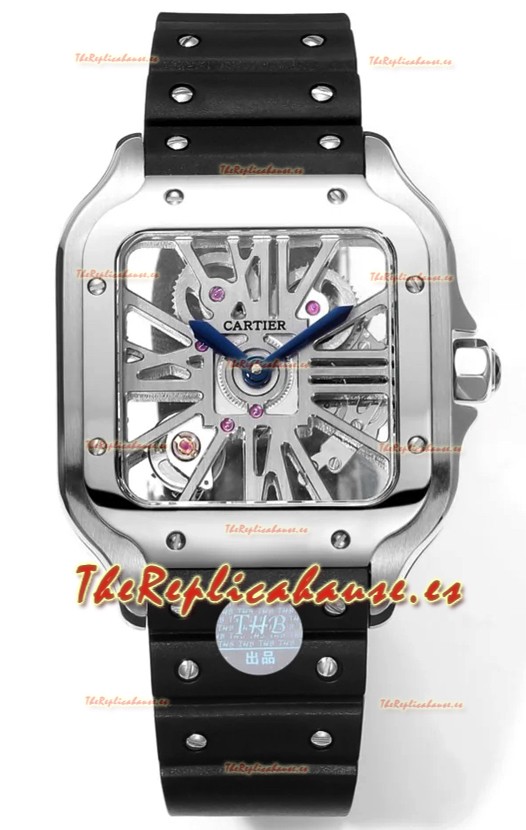 Santos De Cartier Reloj Dial Skeleton - Caja Acero Inoxidable y Bisel Negro Correa Goma