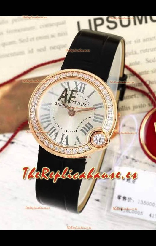 Ballon Blanc De Cartier Reloj Réplica Cuarzo Suizo Bisel Diamantes Caja Oro Rosado Correa Piel