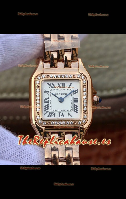Cartier Edición PANTHERE Réplica a Espejo 1:1 Reloj Suizo Oro Rosado Dial Blanco - Bisel con Diamantes