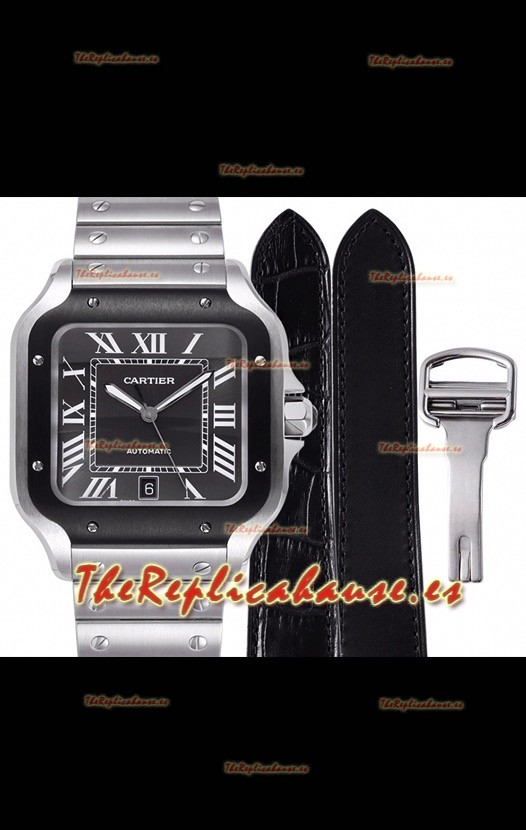 Cartier "Santos De Cartier" Mens XL Reloj Réplica a Espejo 1:1 Caja en Acero Inoxidable - Bisel Negro
