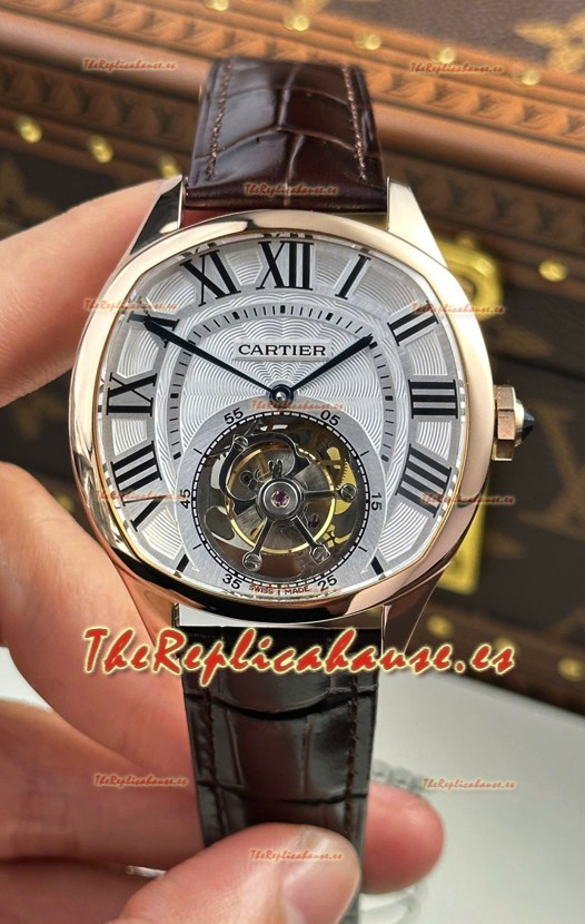 Drive De Cartier Rose Gold Tourbillon Super clone Reloj Réplica en Dial Blanco 