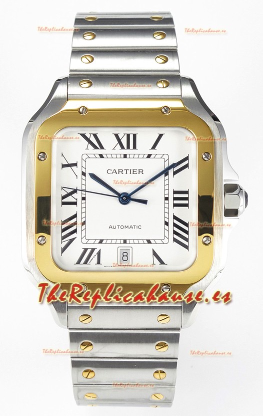 Cartier Santos De Cartier Two Tone Acero 904L Dial Blanco Reloj Super Clone Replica 40MM 