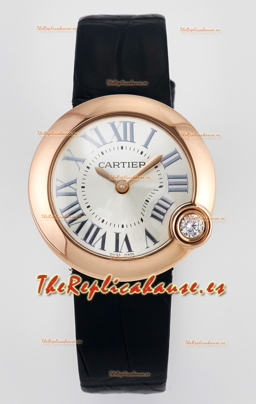 Ballon Blanc De Cartier Reloj Super Clone 30MM en Caja Oro Rosado Correa Negra