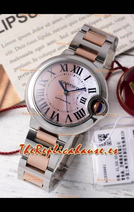 Ballon De Cartier Reloj Suizo Automático Dial Perla Rosa Calidad Espejo 33MM en Caja Dos Tonos