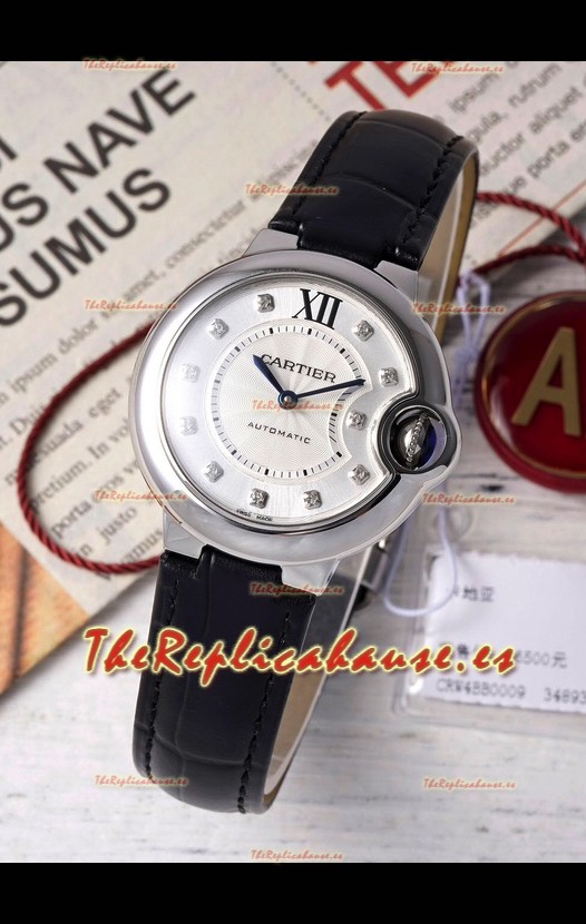 Ballon De Cartier Reloj Suizo Automático Dial Blanco Calidad Espejo 33MM en Acero Inoxidable 