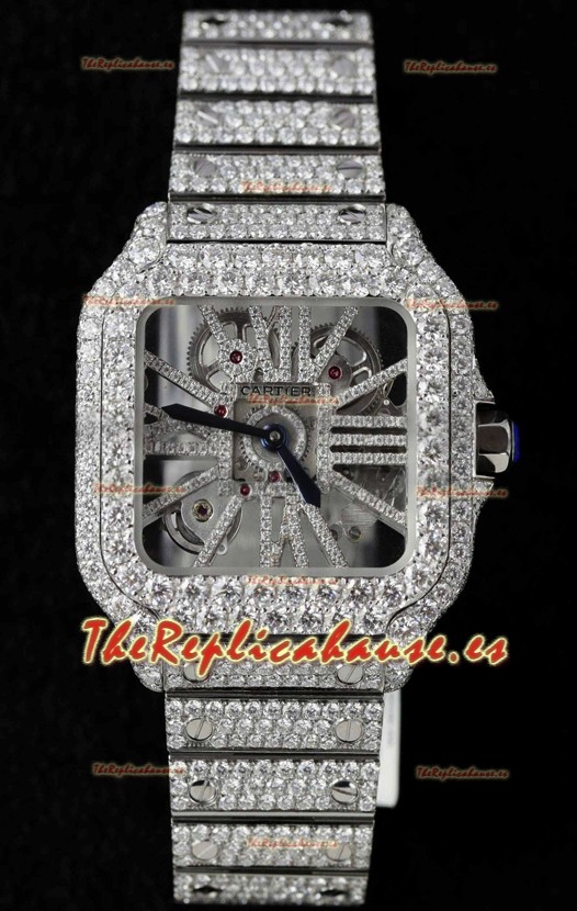 Santos De Cartier Watch in Skeleton Dial - MOSSANITES Paved Edition Reloj Réplica Suizo