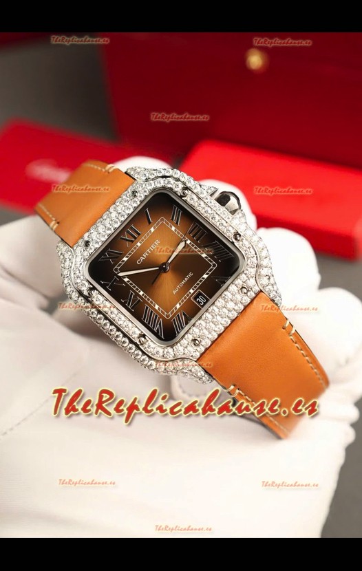Santos De Cartier Watch in Dial Marrón 39.50MM Bisel Pavimentado en Moissanitas Reloj Réplica Suizo