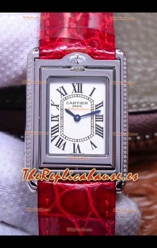 Cartier Tank Reversible Reloj Réplica Cuarzo Suizo en Caja Acero - Correa Roja