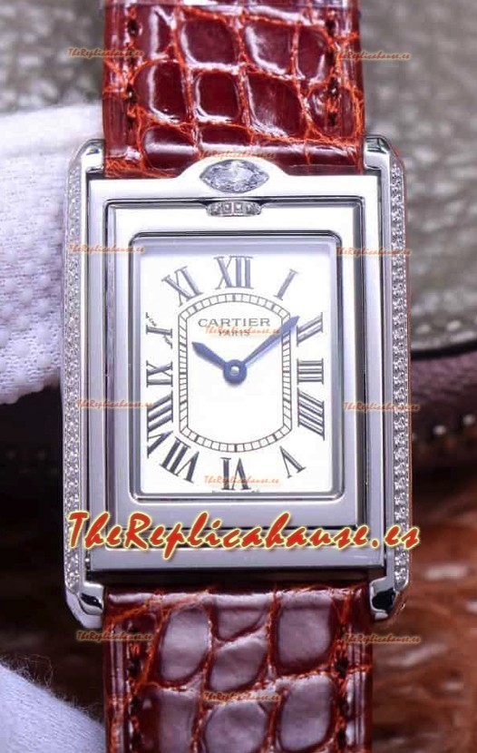 Cartier Tank Reversible Reloj Réplica Cuarzo Suizo en Caja Acero - Correa Marrón