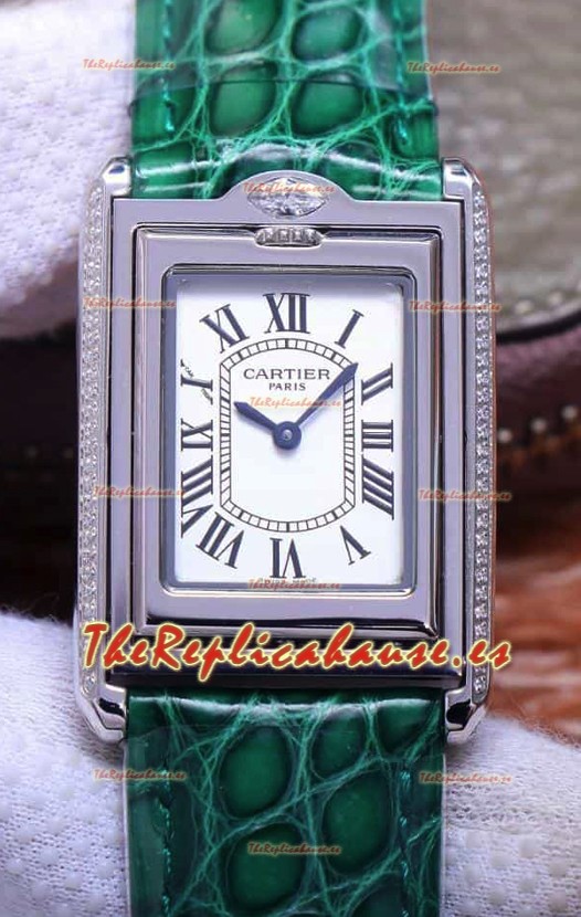 Cartier Tank Reversible Reloj Réplica Cuarzo Suizo en Caja Acero - Correa Verde