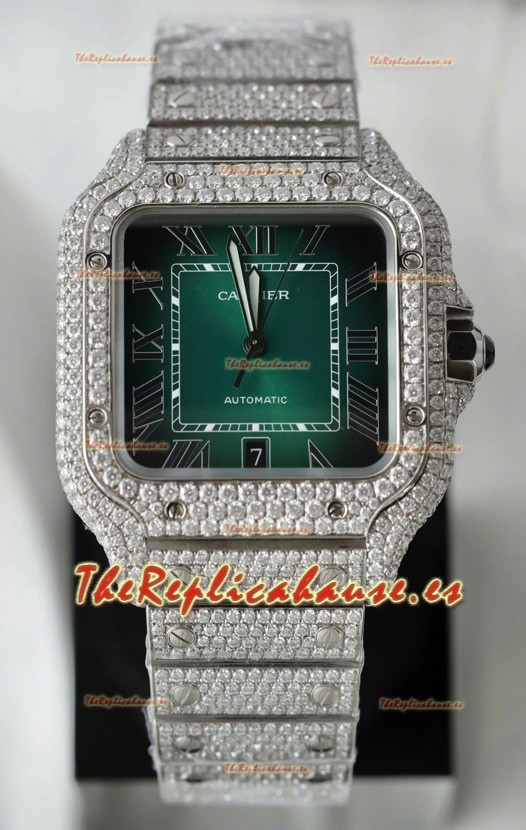 Reloj Santos De Cartier Dial Verde Edición Pavimentado MOISSANITAS Reloj Réplica Suizo
