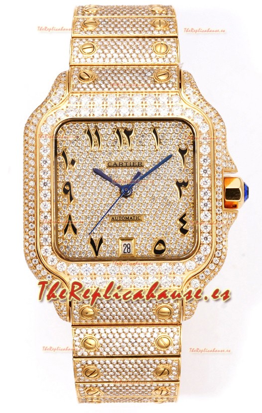 Cartier "Santos De Cartier" Oro Amarillo W/ Dial Diamantes Árabe Réplica Espejo 1:1 - 40MM - Diamantes Genuinos