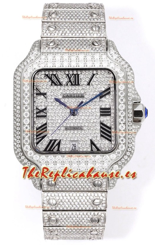 Cartier "Santos De Cartier" Acero Inoxidable W/ Diamantes Dial Romano Réplica Espejo 1:1 - 40MM - Diamantes Genuinos