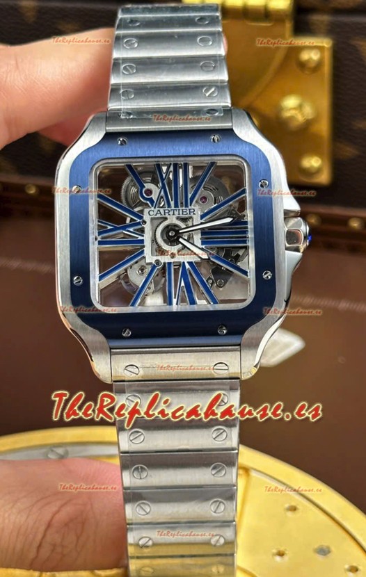 Santos De Cartier Reloj Super Clone Dial Skeleton Caja Acero Cepillada
