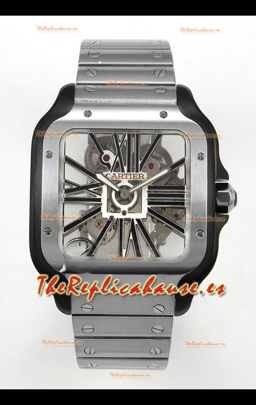Santos De Cartier Reloj Super Clone en Dial Skeleton Cepillado Revestimiento DLC Coated Caja Acero