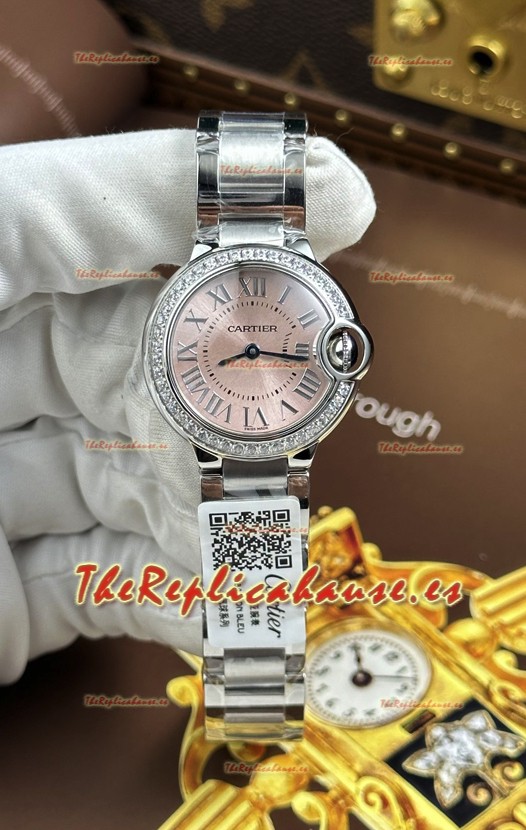 Ballon De Cartier Cuarzo Suizo Calidad Espejo 1:1 33MM en Caja Acero Dial Rosado