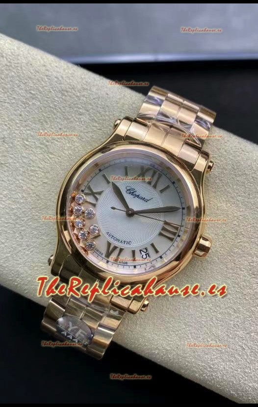 Chopard Happy Sport Reloj Espejo 1:1 Suizo Automático Reloj Réplica 36MM en Caja Oro Rosado Dial Blanco