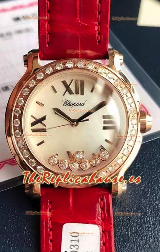 Chopard Happy Oro Rosado Reloj Cuarzo Suizo Replica a Espejo 1:1 - Diamantes Genuinos
