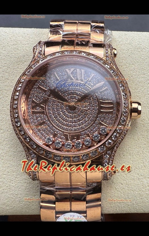 Chopard Happy Sport Super Clone Reloj Automático 36MM en Caja Oro Rosado Dial Moissanitas