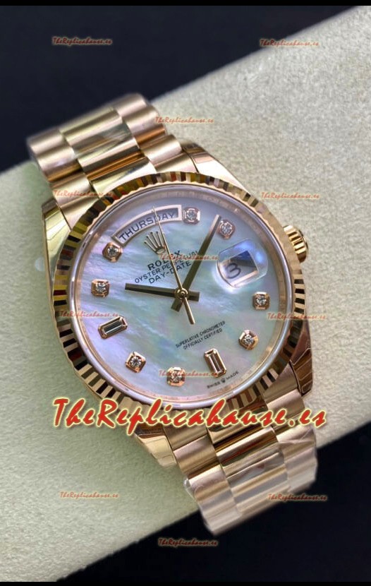 Rolex Day Date 36MM Oro Rosado Dial en Blanco Madre Perla Reloj Réplica a Espejo 1:1