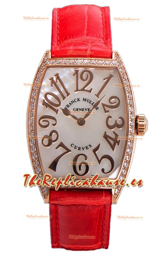 Franck Muller Cintree Curvex Dial Madre Perla Reloj Chapado en Oro Rosado - Correa Roja