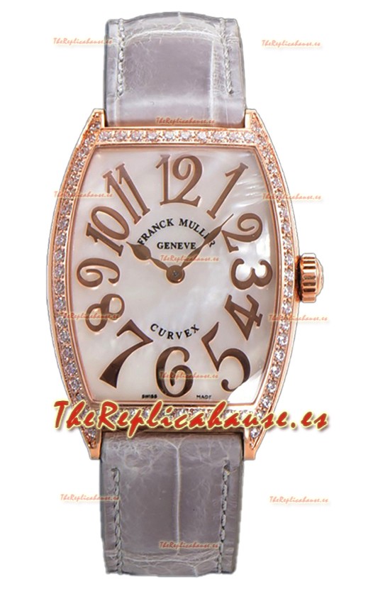 Franck Muller Cintree Curvex Dial Madre Perla Reloj Chapado en Oro Rosado - Correa Gris